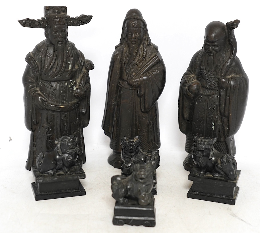A group of Chinese bronzes and wood carvings, tallest 23.5cm. Condition - fair to good